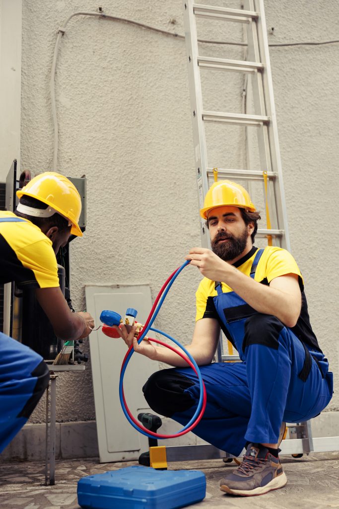 seasoned mechanic using soft dusting brush sweep away built up layer dirt debris from hvac system coil while adept repairman refills air conditioner cooling system refrigerant tank
